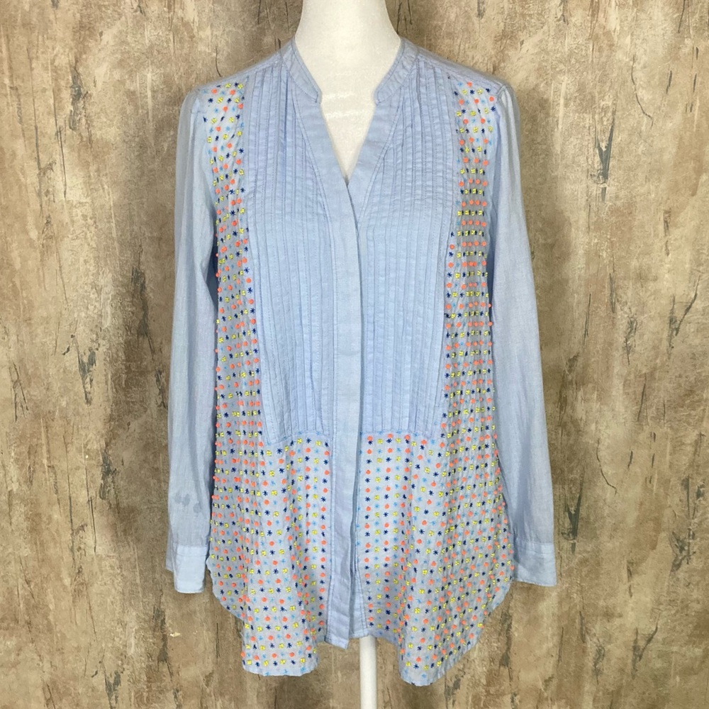 Holding Horses Small Chambray Embroidered Beaded Blouse Western Boho EUC